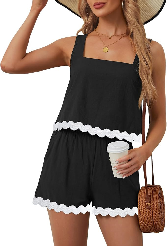 Womens Summer Outfits Two Piece 2024 Vacation Beach Sets Casual Linen Square Neck Cropped Tank To... | Amazon (US)
