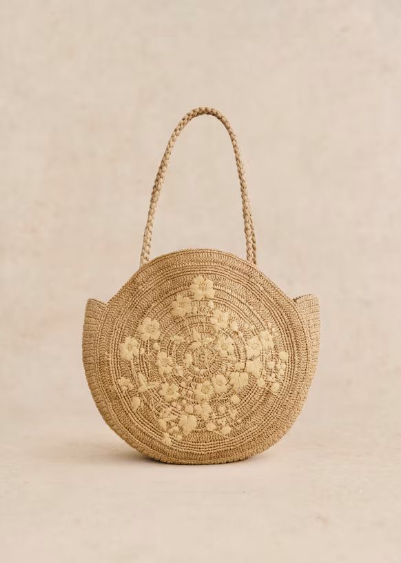 June Basket - Dark Natural Flower Embroidery - Raffia - Sézane | Sezane Paris