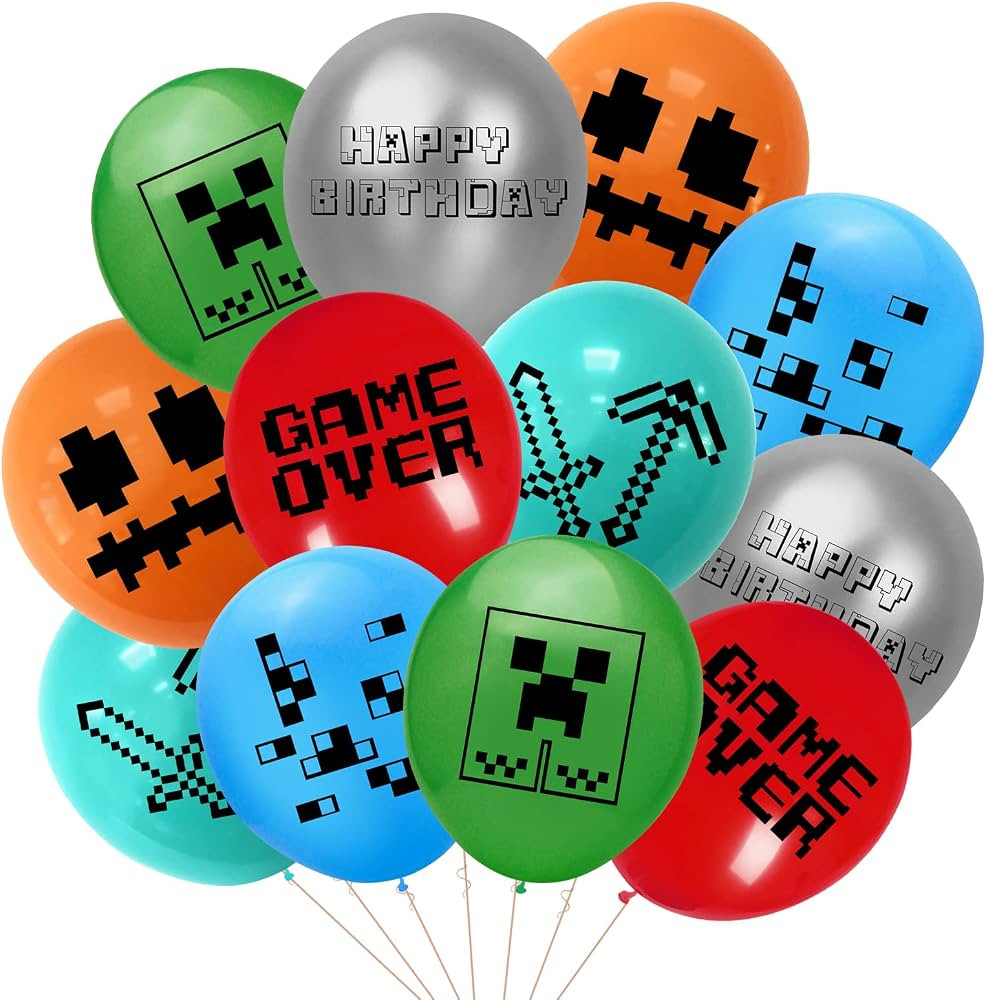 48 Pcs Pixel Miner Crafting Style Gamer Birthday Party Balloons, 12 Inch Minecraft Birthday Latex... | Amazon (US)