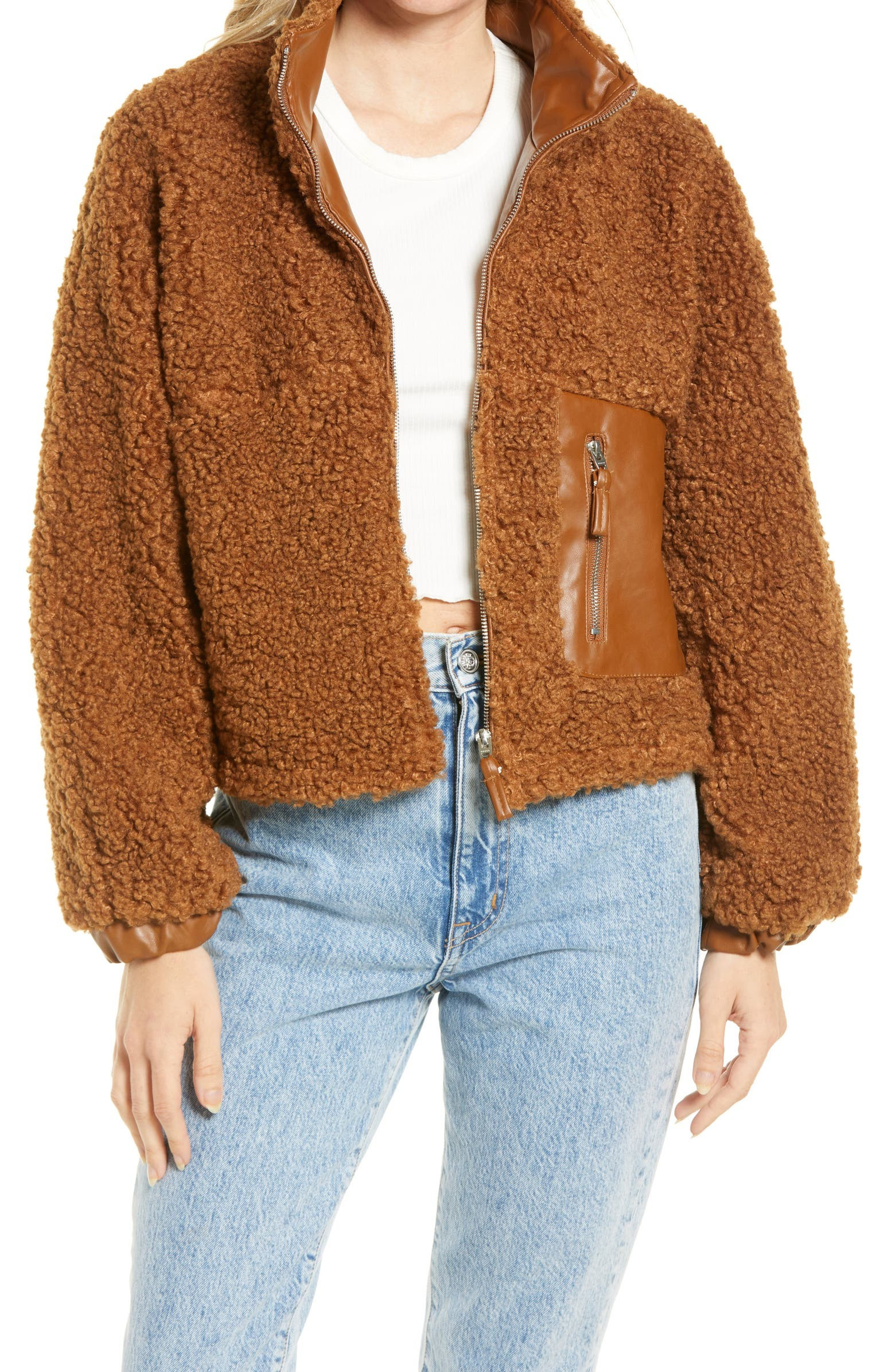 Faux Shearling with Faux Leather Trim Bomber Jacket | Nordstrom