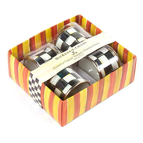 MACKENZIE-CHILDS Courtly Check Enamel Napkin-Ring Set, Black-and-White Napkin-Holder Ring for Cloth Napkins, Set of 4 | Amazon (US)