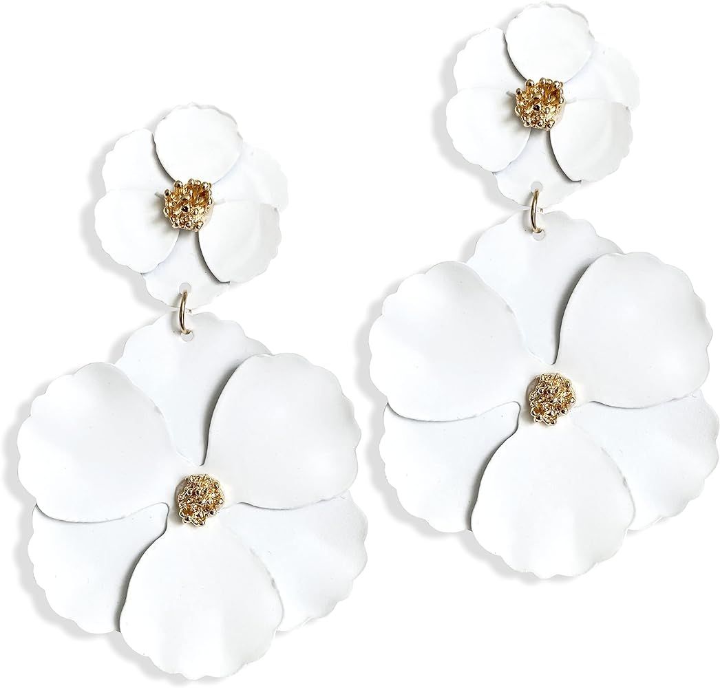 GPASTG Elegant Bohemian Large Metal Double Flower Matt Earring Chic Statement Dangle Drop Wedding... | Amazon (US)