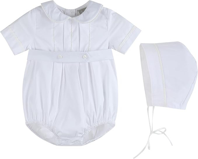 Light Blue/White Collared Button Romper with Bonnet | Amazon (US)