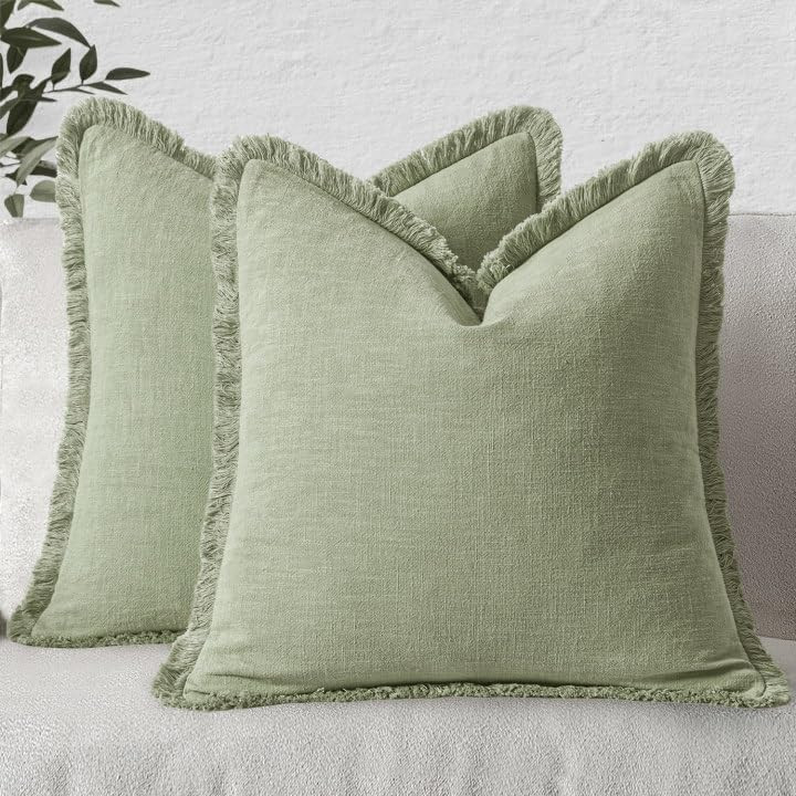 MIULEE Decorative Throw Pillow Covers Neutral Linen Fringe Throw Pillows Set of 2 Sage Green Boho... | Amazon (US)