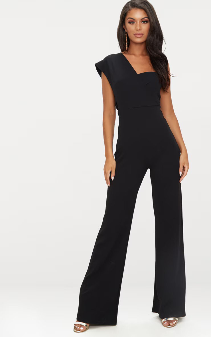 Black Drape One Shoulder Jumpsuit | PrettyLittleThing US