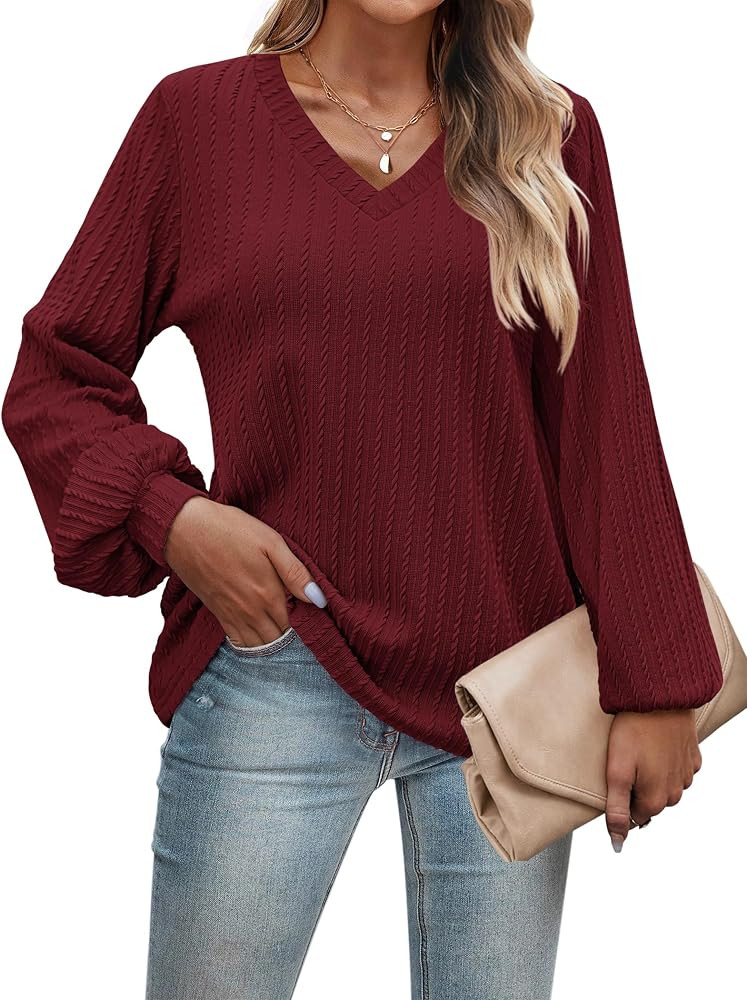 HOTOUCH Women's Long Sleeve Tops V Neck Lantern Sleeve Blouse Dressy Casual Ribbed Knit Tunics Lo... | Amazon (US)