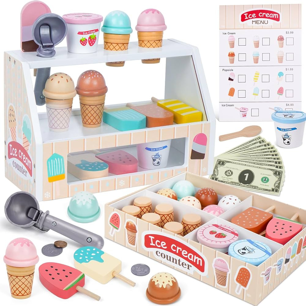 Wooden Ice Cream Counter Playset for Kids, Toddler Girl Toys Kitchen Playset Pretend Play Gifts f... | Amazon (US)