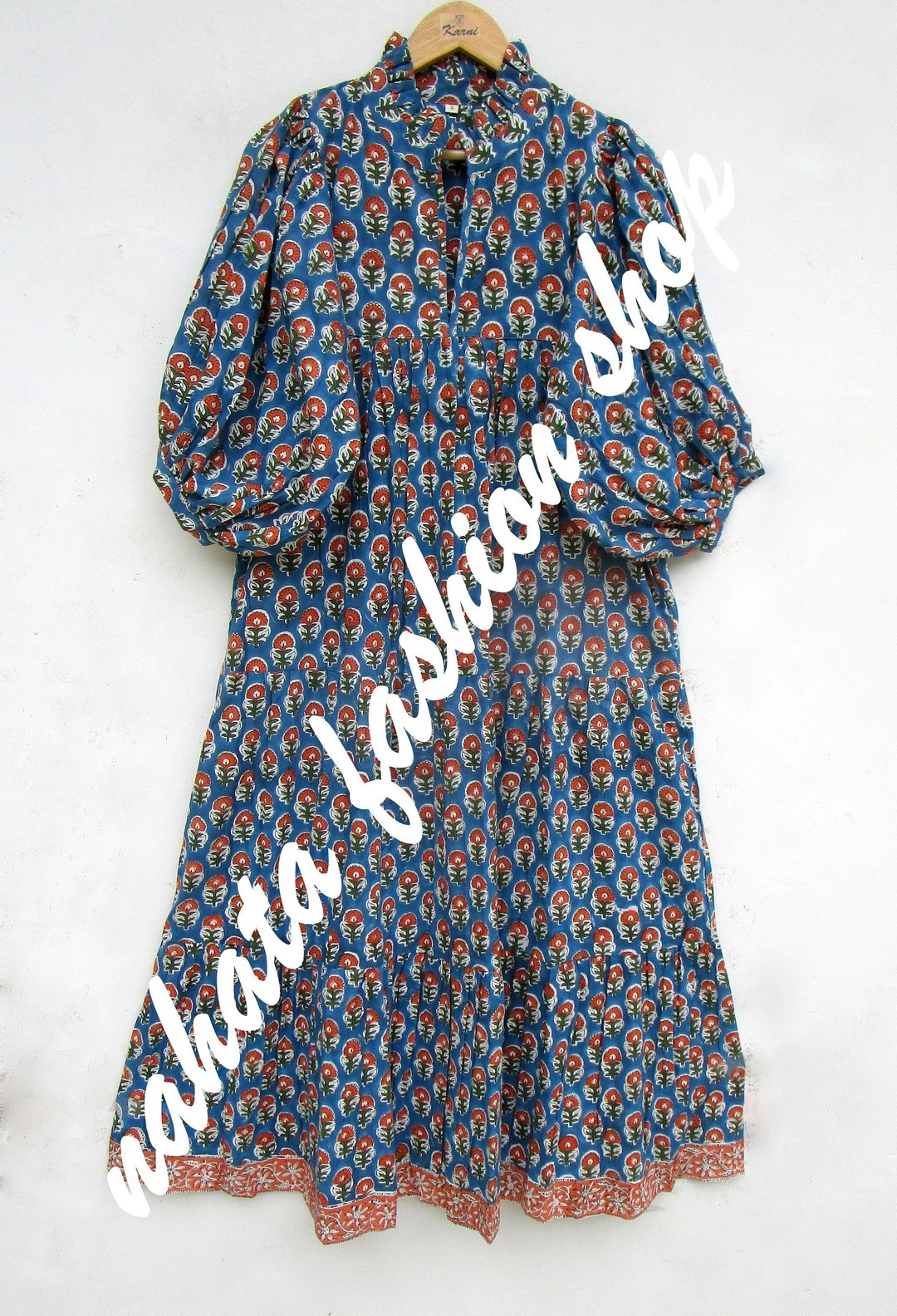 Blue Orange Floral Booty Printed Maxi Dress - V Neckline Maxi Dress - 3/4th Sleeve With Button Ma... | Etsy (US)