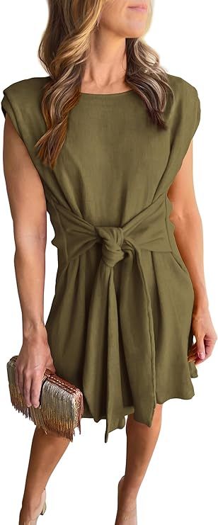 Pretty Garden Womens 2024 Summer Sleeveless Tie Waist Crew Neck Shoulder Pads Knit Short Dress | Amazon (US)