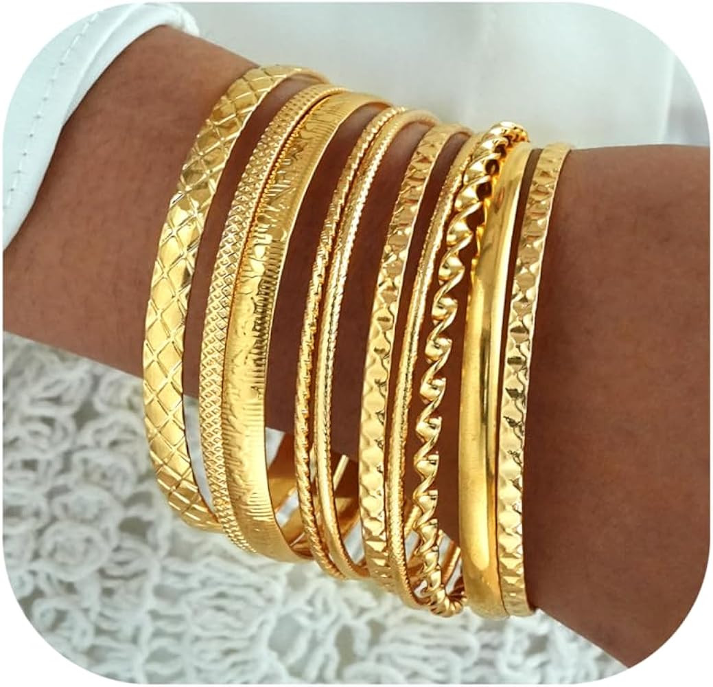 ÌF ME Gold Bangle Bracelets for Women, Indian Bangles Stackable Set, Multi Layer Textured 14K Go... | Amazon (US)