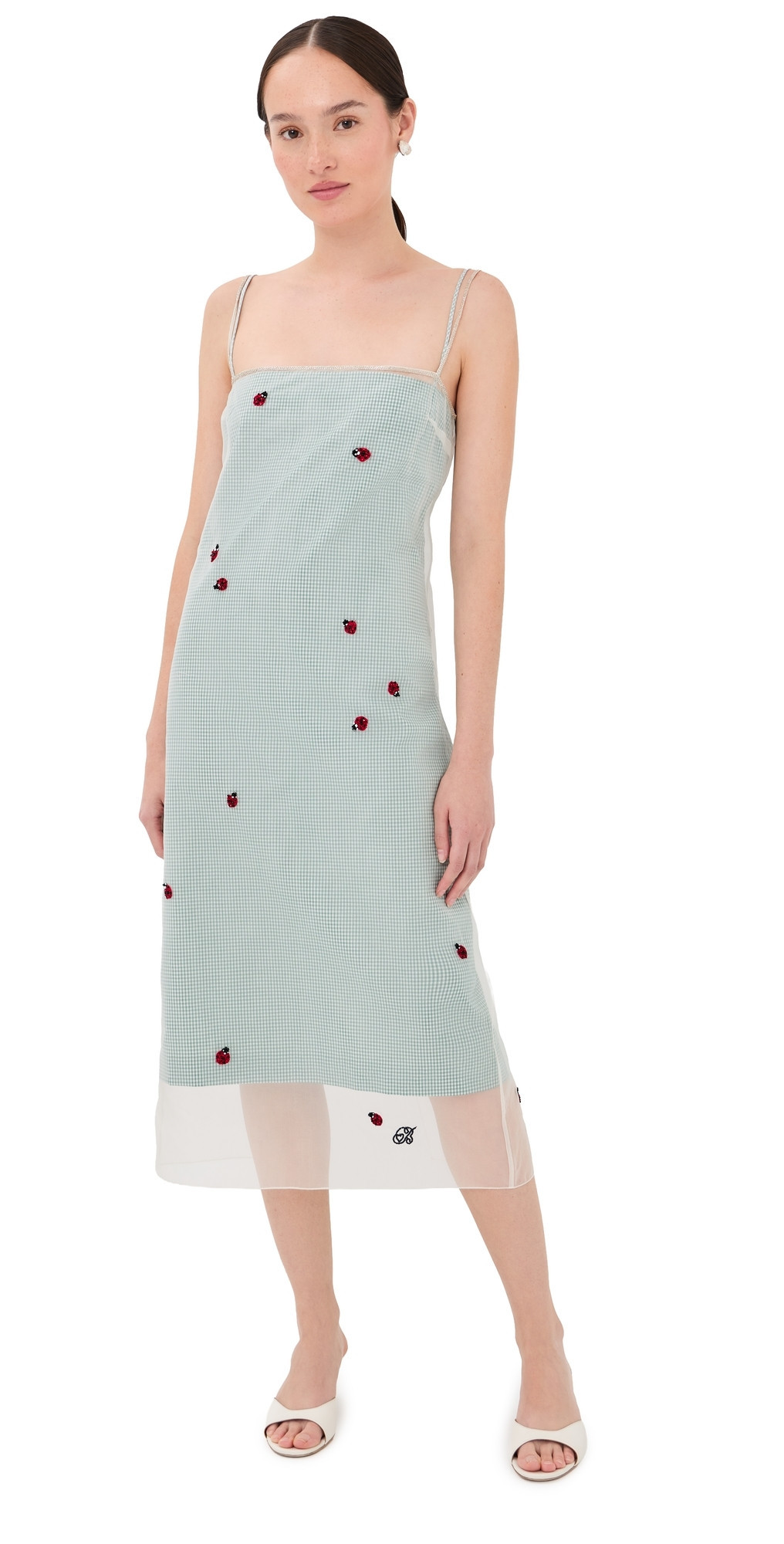 Bernadette Rachel Embroidered Silk Slip Dress Lady Bugs Embroidery Green 36 | Shopbop