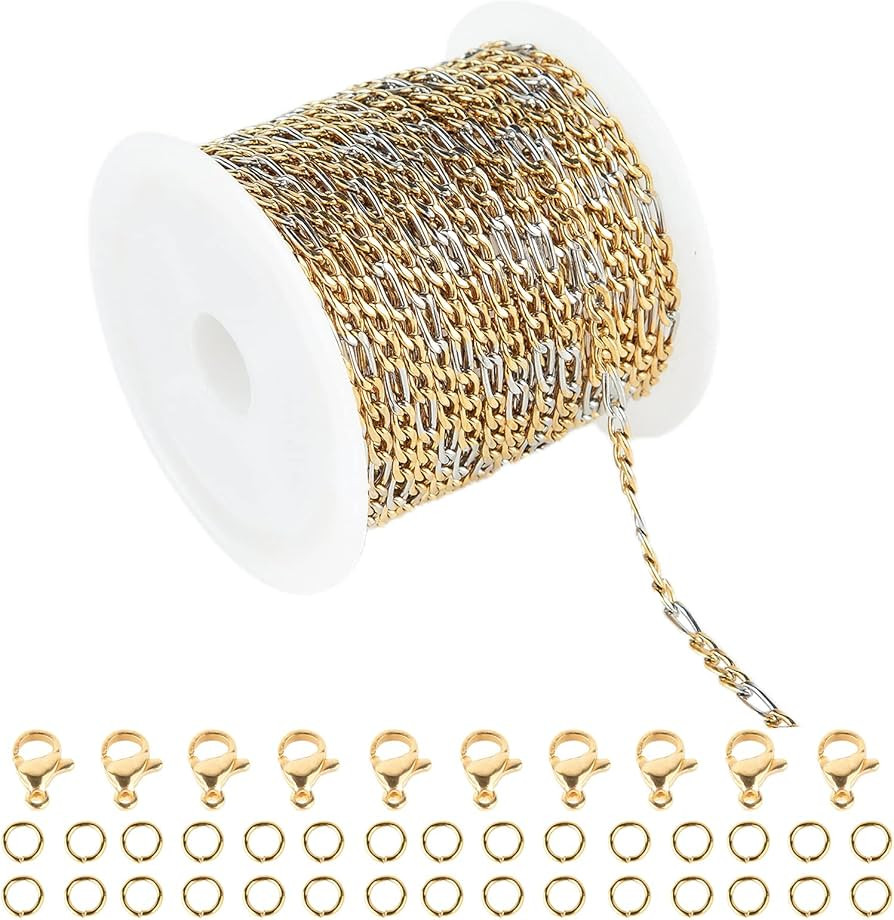 UMAOKANG 16.4 Feet Stainless Steel Figaro Chains Link Spool Silver Gold Plated Gradient Color Nec... | Amazon (US)