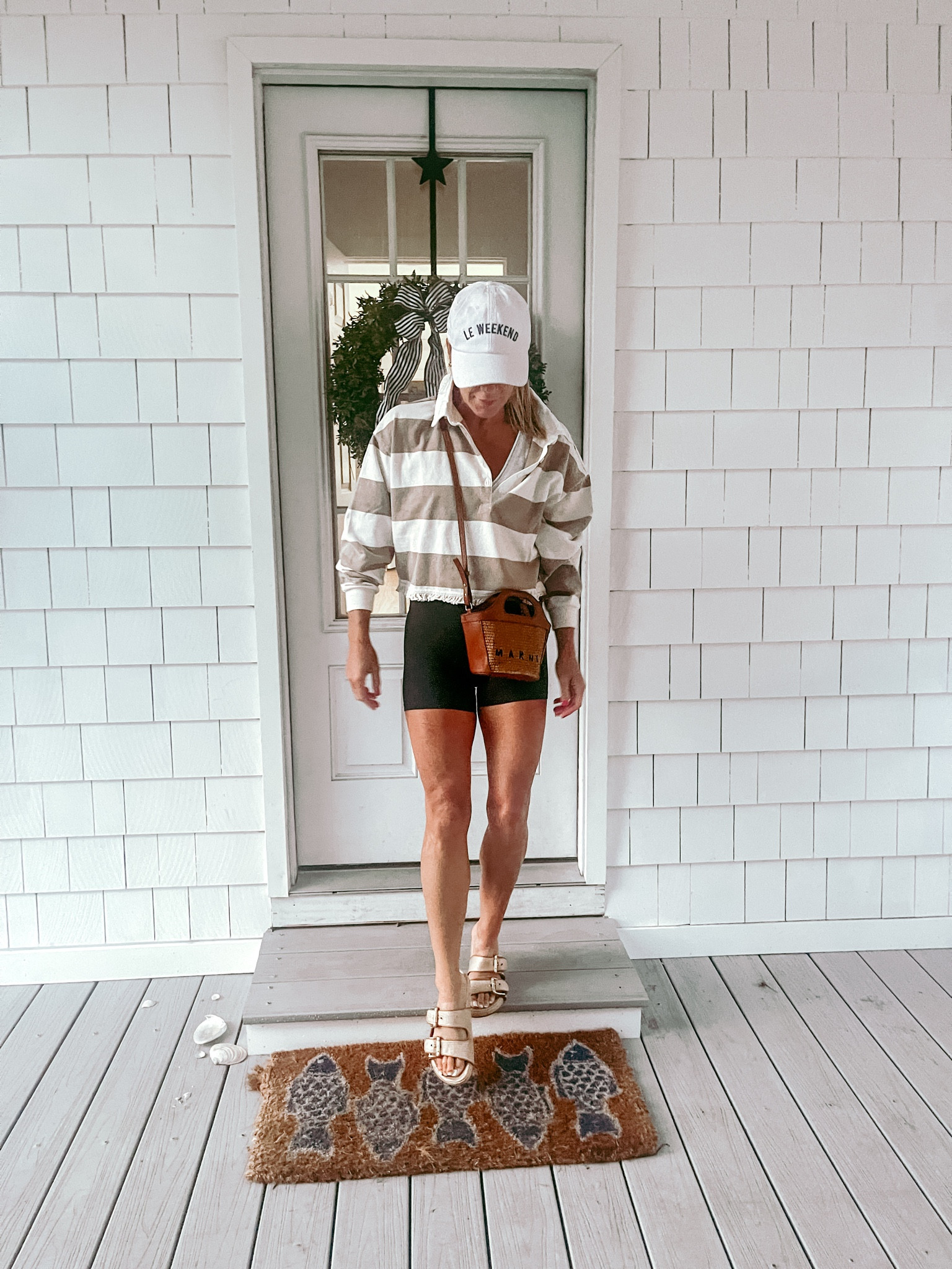 Marea hat
Anthropologie polo top
Lululemon bike shorts
JCrew sandals
