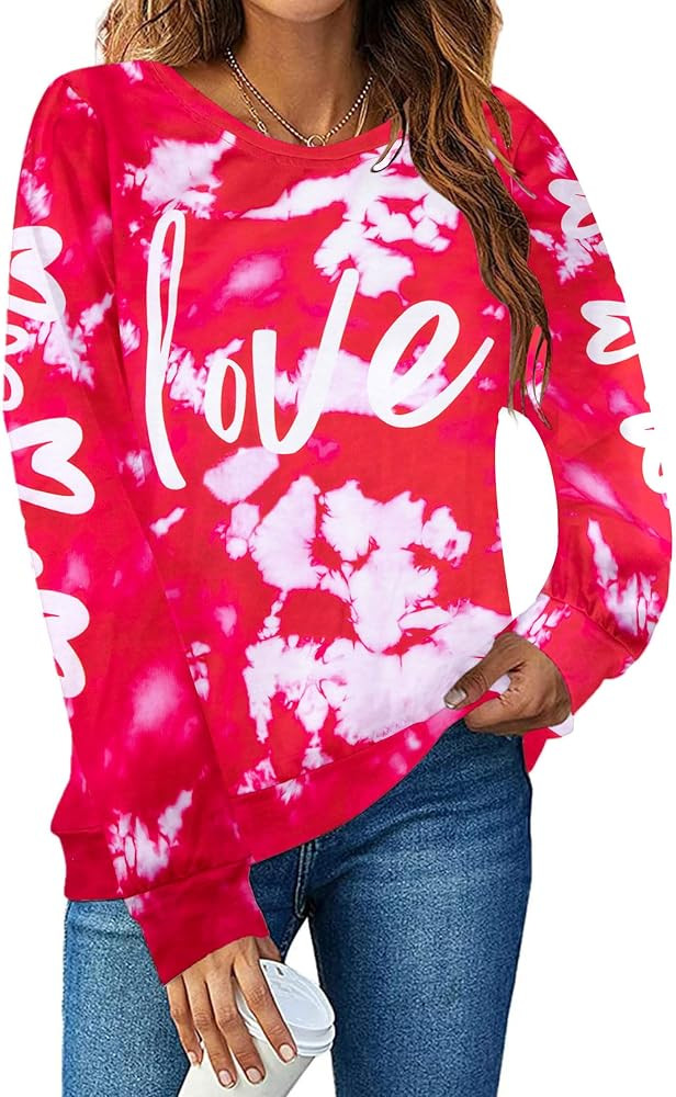 FASHGL Women's Tie Dye Heart Shirt Valentine's Day Lightweight Pullover Casual Lover Gift Long Sl... | Amazon (US)