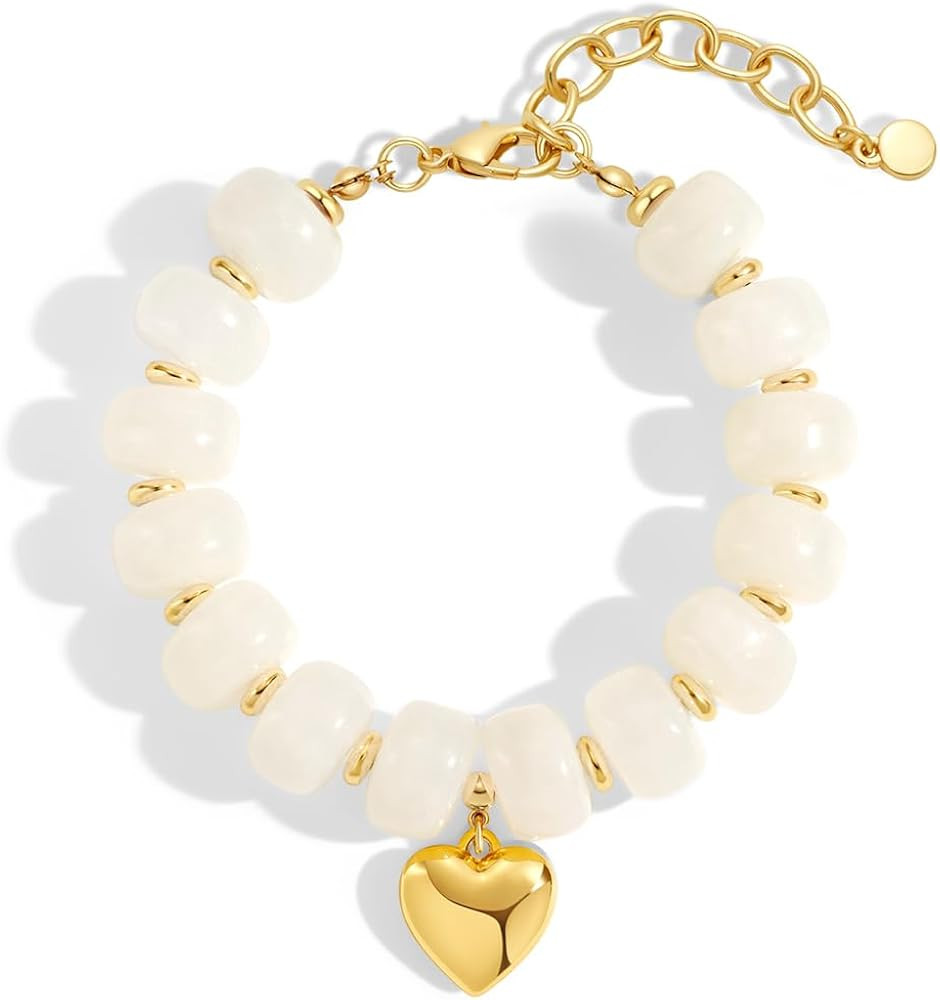 Chunky Beaded Bracelet for Women Boho Stackable BeadBracelet with Gold Heart Charm Trendy Adjusta... | Amazon (US)