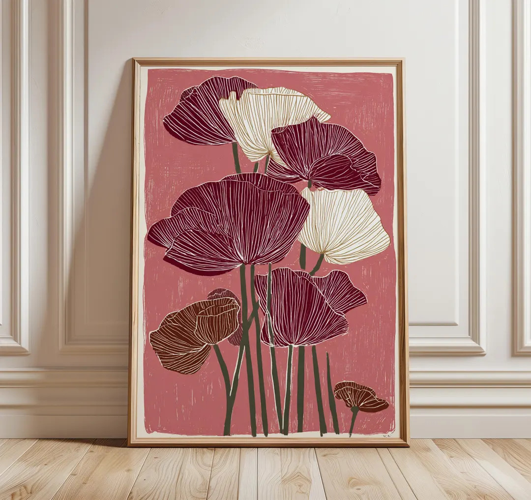 Modern Floral Art Print, Burgundy Poppy Wall Art, Minimalist Botanical Poster, Contemporary Flowe... | Etsy (US)