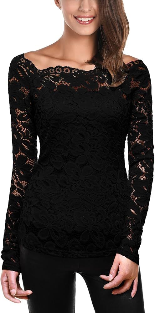 Womens Boat Neck Floral Lace Raglan Long Sleeve Shirt Top | Amazon (US)