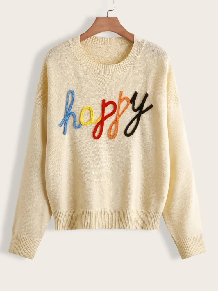 Plus Letter Pattern Drop Shoulder Sweater | SHEIN
