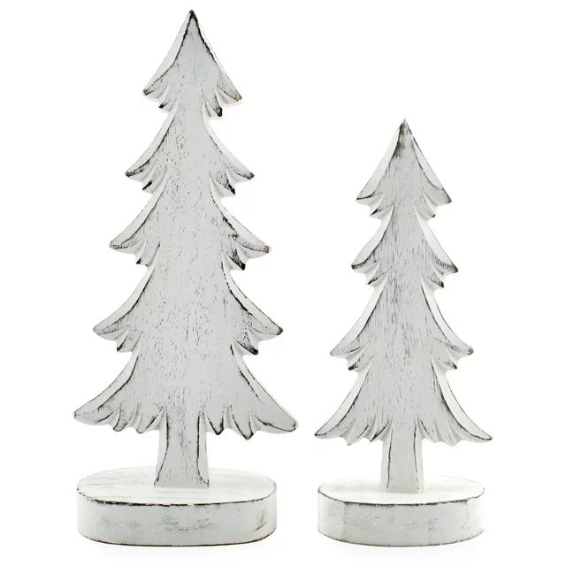 AuldHome Wooden Christmas Trees (Set of 2, Distressed White); Tabletop Handmade Mango Wood Trees ... | Walmart (US)