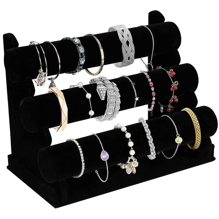 Velvet Bracelet Holder with 3 Tier Rack, Black Detachable Jewelry Display Stand T-Bar Necklace St... | Amazon (US)