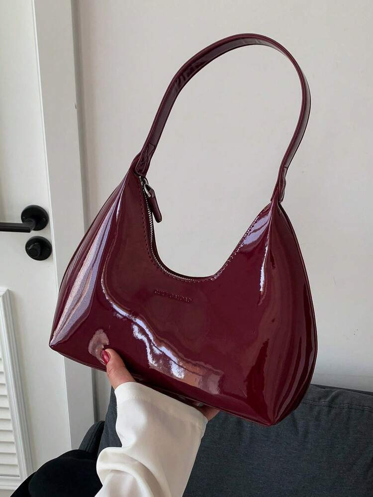 French Vintage Style Shiny & Minimalist Crescent Moon Shaped Handbag/Shoulder Bag For Women Gift Bag, Fashionable Burgundy Bag | SHEIN