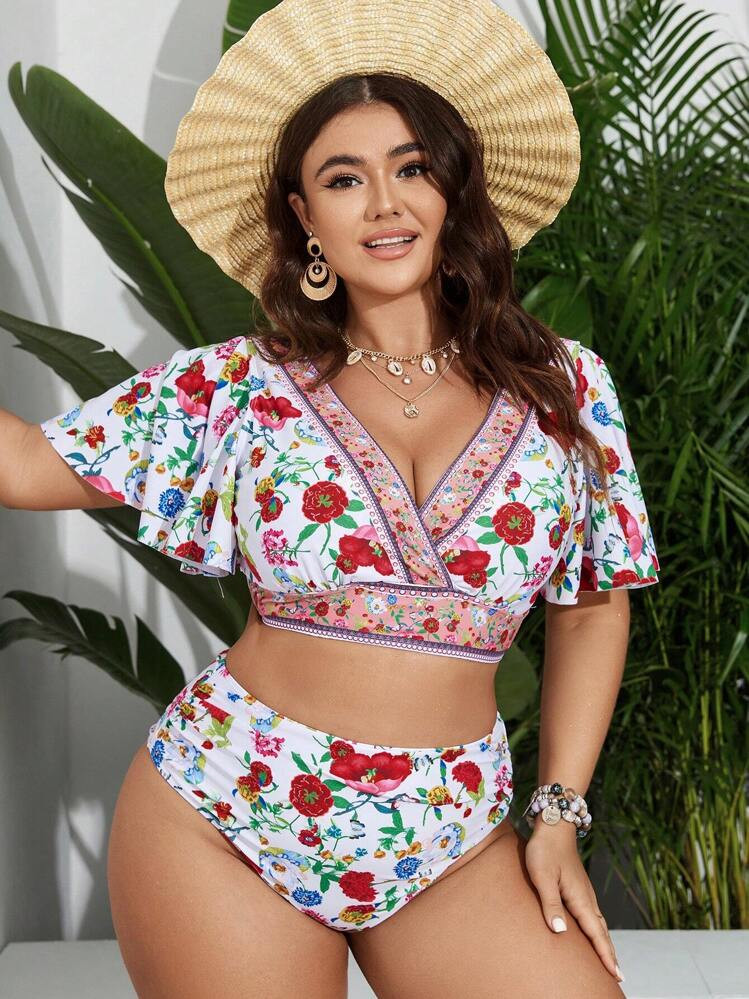 SHEIN Swim Curve Summer Beach Plus Size Women's Butterfly Sleeve Floral Printed Bikini Set | SHEIN