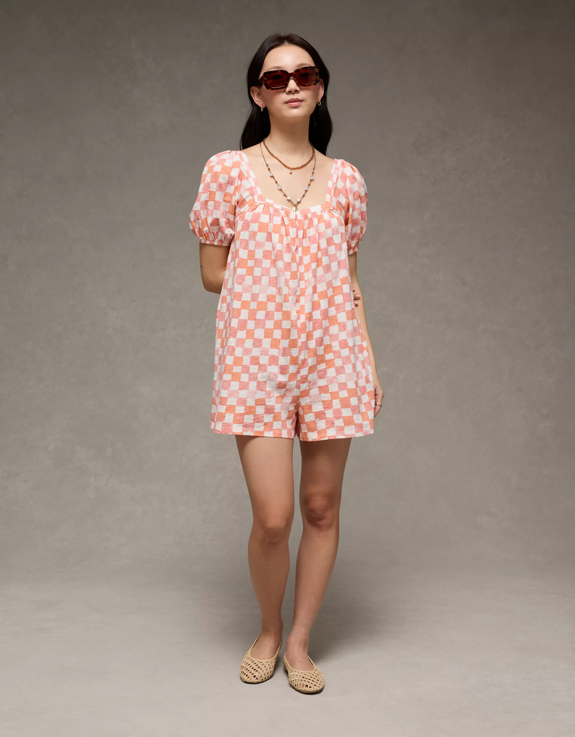 AE Sunchaser Puff Sleeve Romper | American Eagle Outfitters (US & CA)