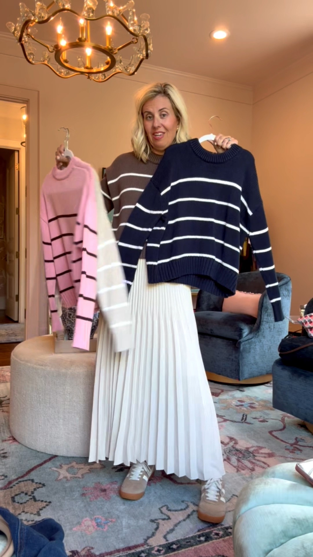 Do you have this striped sweater yet? If not, now is the time to grab and mix it with everything. It’s the perfect layering piece! ￼
Sizing:
Sweaters - xs
Jeans - 26 short 
Joggers - xs
Silk Tank - small
Pleated Skirt - xs