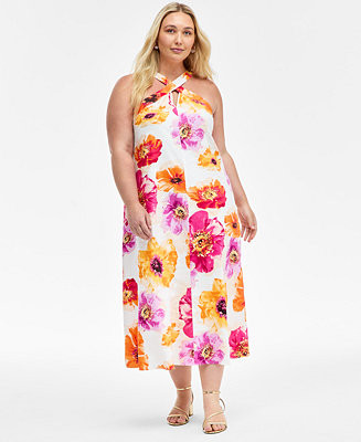 INC International Concepts Plus Size Linen-Blend Printed Halter Maxi Dress | Macy's