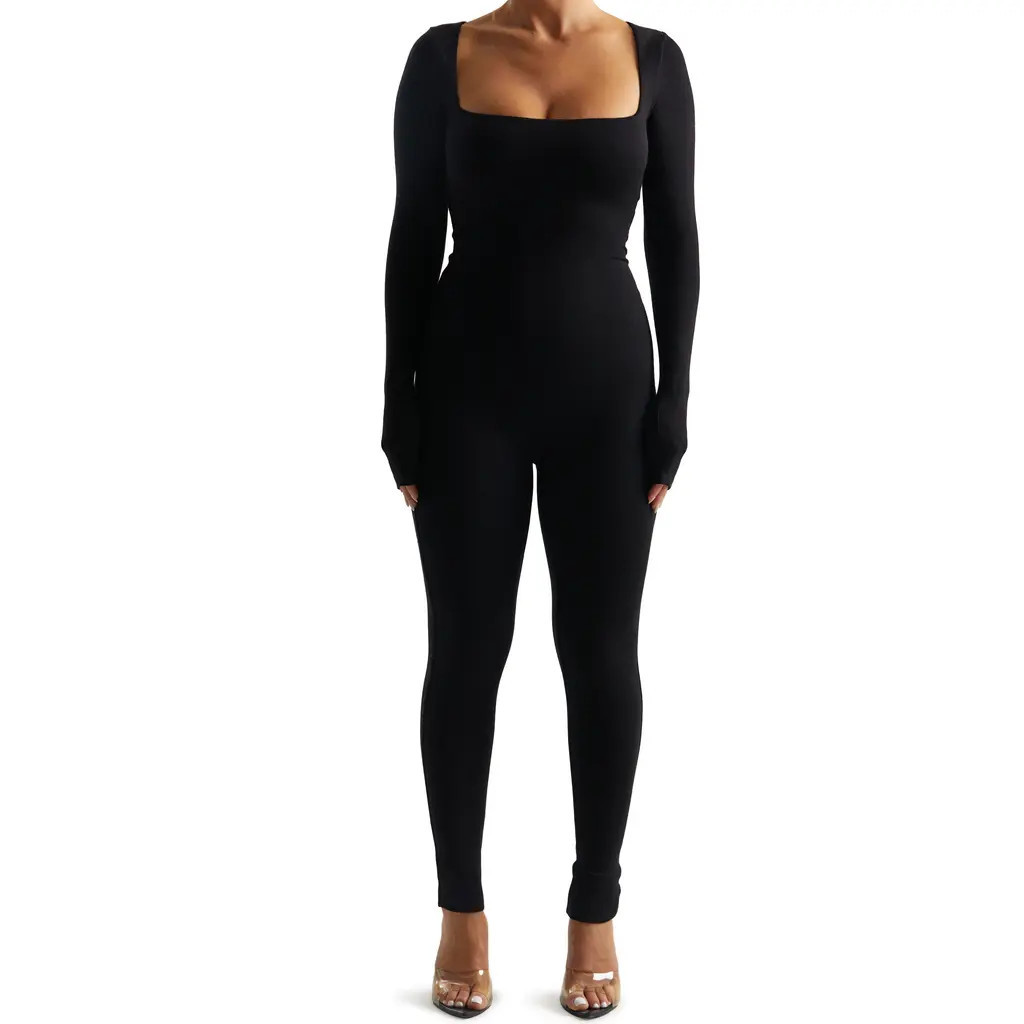 Naked Wardrobe Square Neck Long Sleeve Jumpsuit in Black at Nordstrom, Size Small | Nordstrom