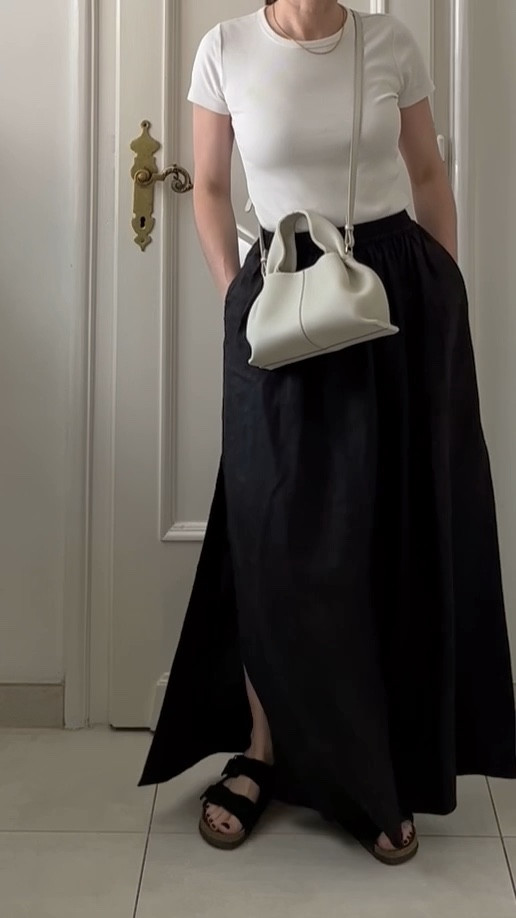 Linen skirt, black linen skirt, black skirt, maxi skirt, white tee, ribbed tee, chunky sandals, crossbody bag, Birkenstock sandals, Polene bag, summer outfit, holiday outfit, casual outfitt

#LTKshoes #LTKuk #LTKsummer