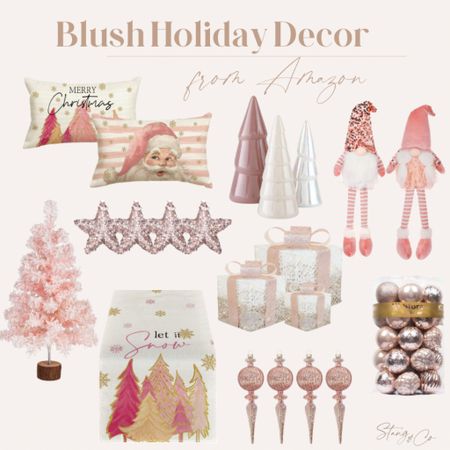 Blush holiday decor, including throw pillows, ornaments, gnomes, trees, decorative presents and a table runner. 

Blush Christmas, Christmas decor, Christmas styling, decorations 

#LTKstyletip #LTKHoliday #LTKfindsunder50