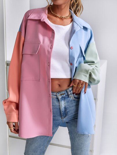 Colorblock Drop Shoulder Flap Pocket Coat | SHEIN