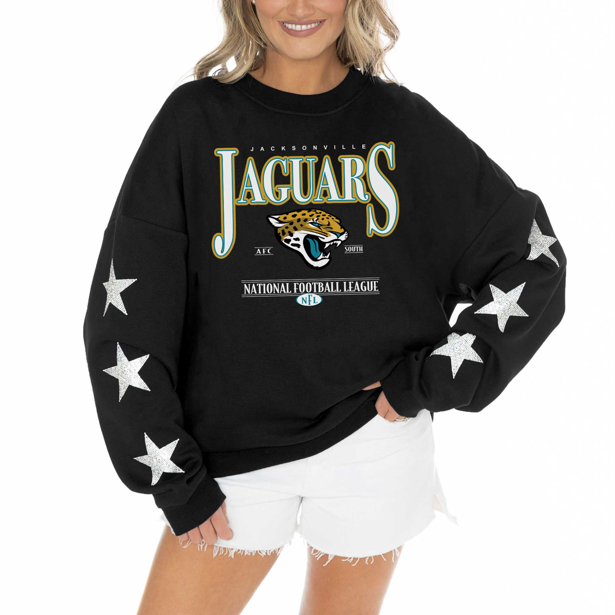 Women's Jacksonville Jaguars Gameday Couture Black Rhinestone Star Sleeve Settle the Score Tri-Bl... | NFL Shop