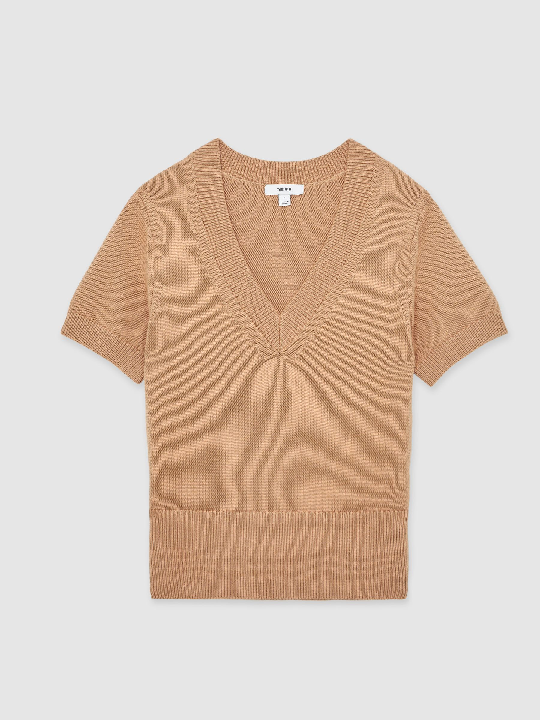 Reiss Cotton-Wool Knit V-Neck Top in Camel - REISS | Reiss UK