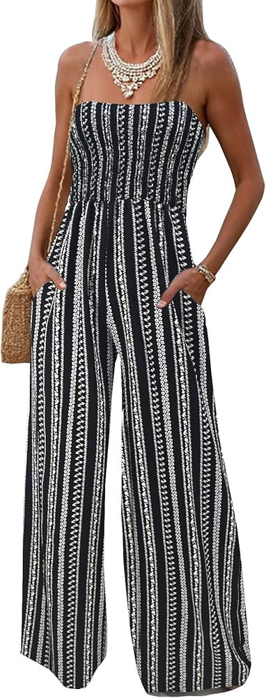 AUXDIO Womens Casual Strapless Summer Jumpsuits Loose Off Shoulder Smocked Sleeveless Wide Leg Ro... | Amazon (US)