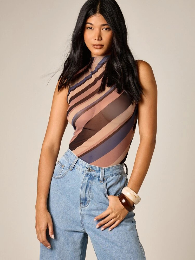 AiiRZ Diagonal Stripe Mesh Mock Neck Sleeveless Bodysuit With Fitted Silhouette For Summer Nights... | SHEIN