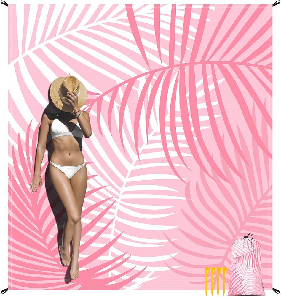 78''×86'' Pink Beach Blanket 1-4 Adults, Polyester Waterproof Sandproof Beach Mat with 4 Stakes ... | Amazon (US)