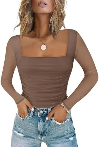 Chunpin Women's Bodysuits Square Neck Long Sleeve Bodysuits Mesh Ruched Thong Body Suit Outfits G... | Amazon (US)