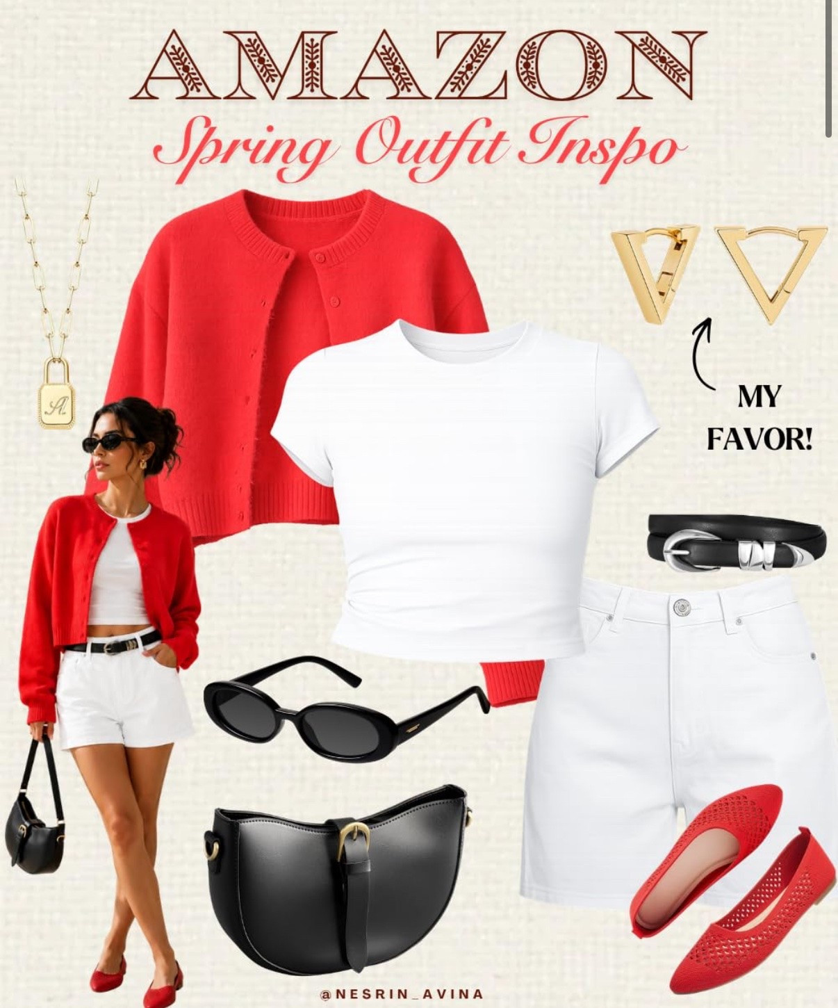 white straight shorts
red flats 
sunglasses. accessories