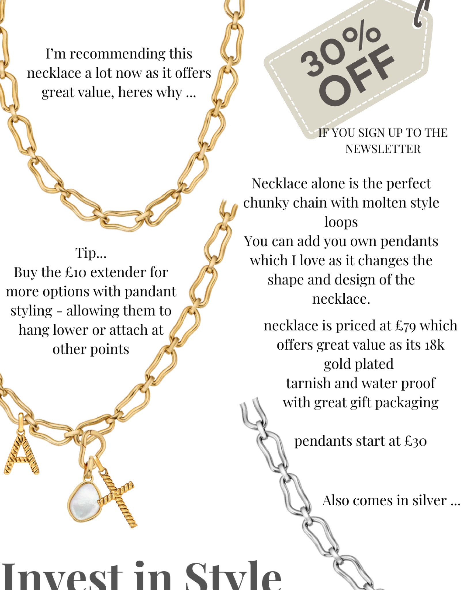 Check the website for current offers 
Answering a few questions about this necklace . 
It’s a beautiful chain necklace as is but I love that you can change it completely by adding the pendants. 
You’ll see this necklace used a lot in my outfit posts. 
It’s great quality and available in silver too. Makes the outfit and a hard working piece ! 

#LTKuk #LTKstyletip #LTKluxury