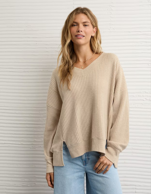 AE Big Hug V-Neck Waffle Sweatshirt | American Eagle Outfitters (US & CA)