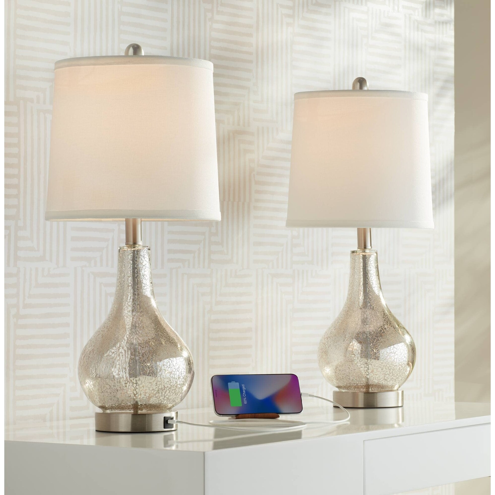 Table Lamps 21.75" High Set of 2 with USB Charging Port Mercury Glass Off White Drum Shade Decor for Living Room Desk Bedroom | Bed Bath & Beyond