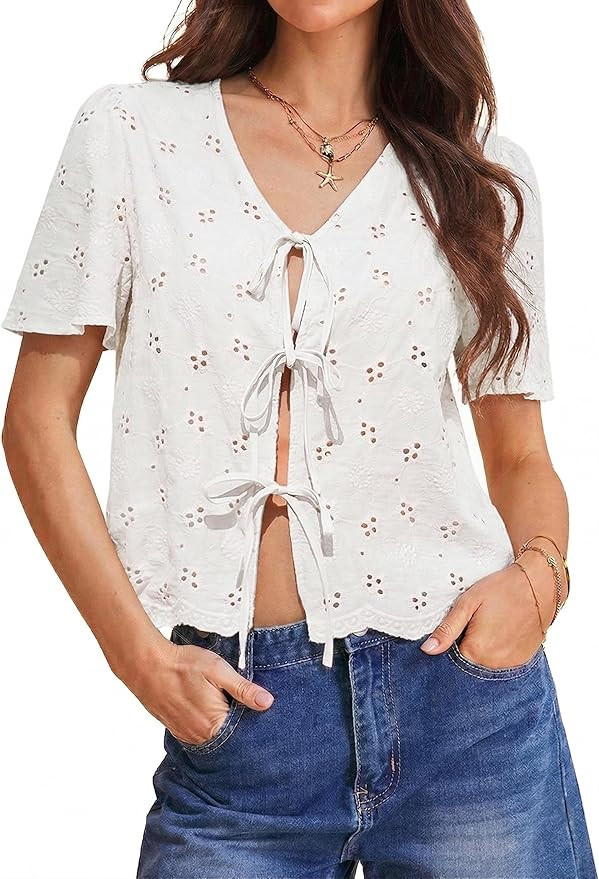 Totatuit Womens Cotton Tie Front Tops Boho V Neck Eyelet Shirt Embroidery Cute Summer Beach Vacat... | Amazon (US)
