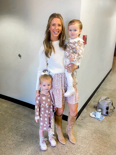 Matching with my girls for church 🤍

Skirt runs a little big. My sweater and Colette’s boots are old.