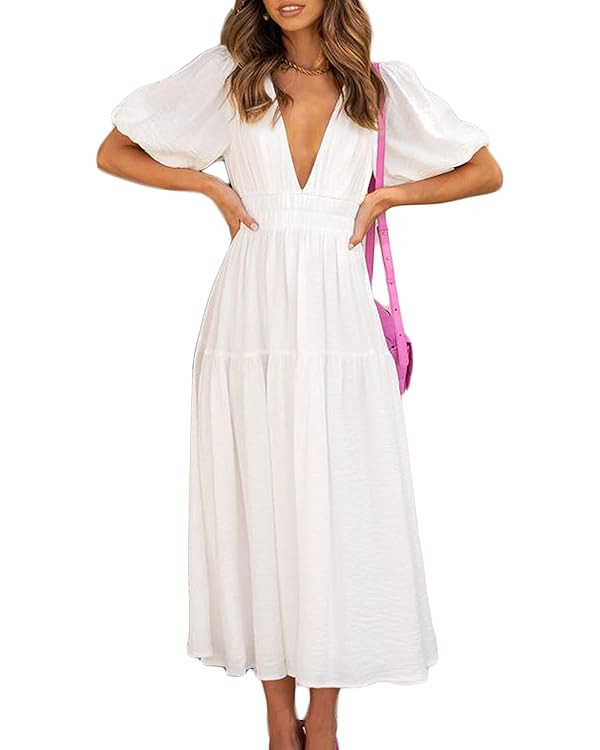 Puff Sleeve V Neck A Line Tiered Maxi Dress for Women Boho Casual Flowy High Waist Beach Vacation... | Amazon (US)