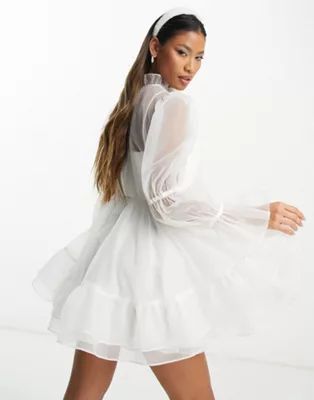 Ever New Bridal exclusive bubble sleeve organza mini dress in ivory | ASOS (Global)