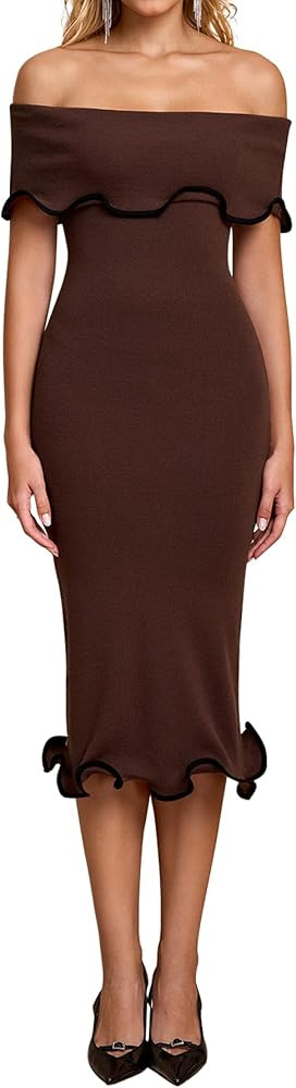 URYIAO Fall Off The Shoulder Sweater Wedding Guest Dresses for Women Ruffle Bodycon Cocktail Part... | Amazon (US)