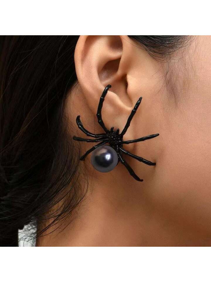 2pcs Elegant Halloween Theme Black Faux Pearl Spider & Insect Dangle Earrings, Trendy For Women's... | SHEIN