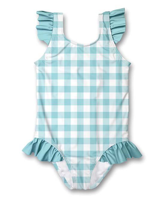 Light Turquoise Gingham Ruffle-Accent One-Piece - Infant, Toddler & Girls | Zulily